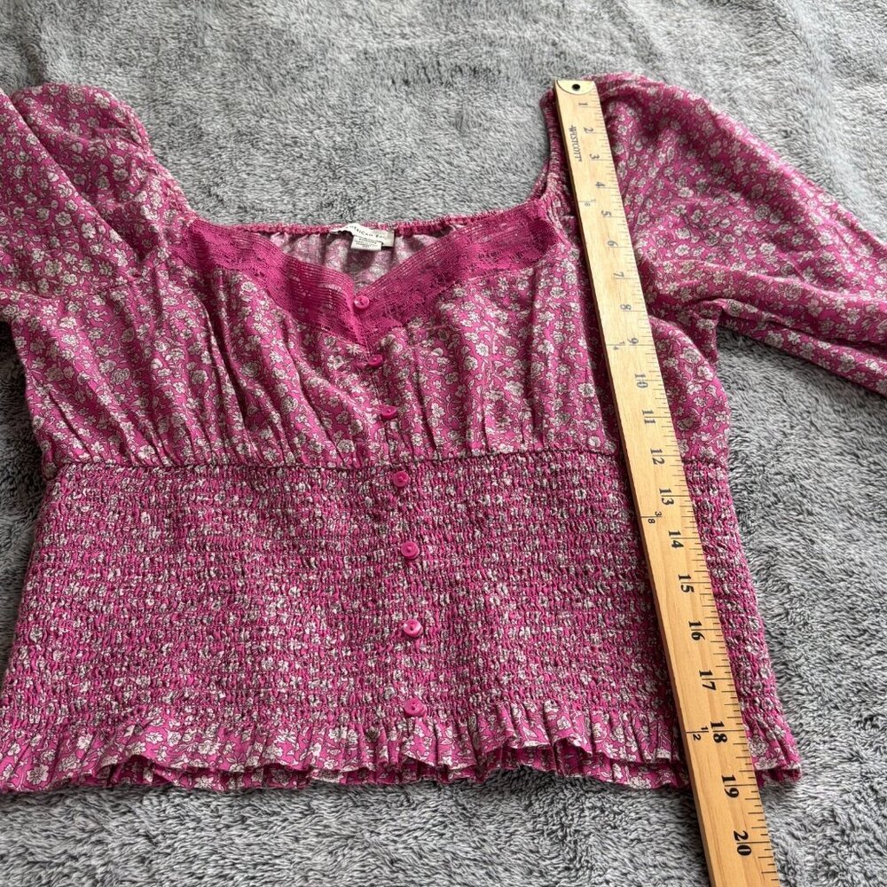 American Eagle Top Medium Pink Ditsy Floral Crop Puff Sleeve Peasant Y2K 18062x - Picture 3 of 8